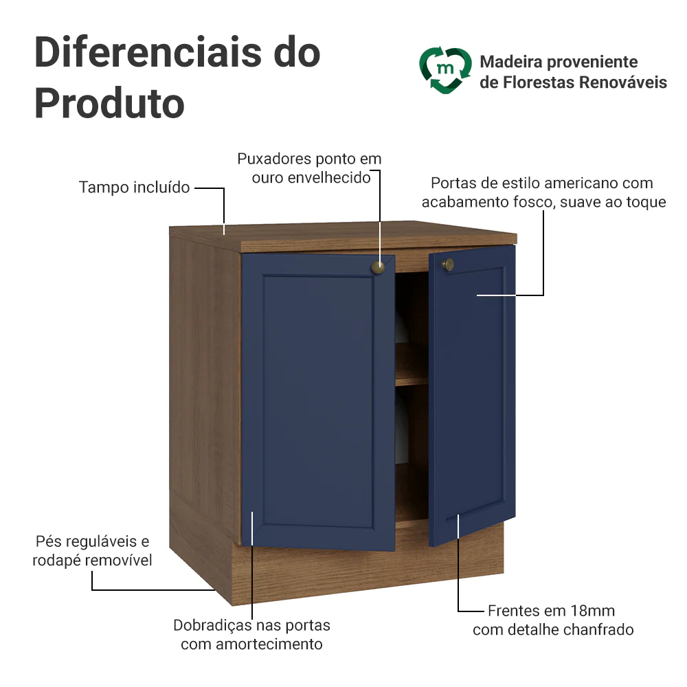 Balcão de Cozinha 70 cm 2 Portas Rustic/Azul Vik Madesa - Image 3