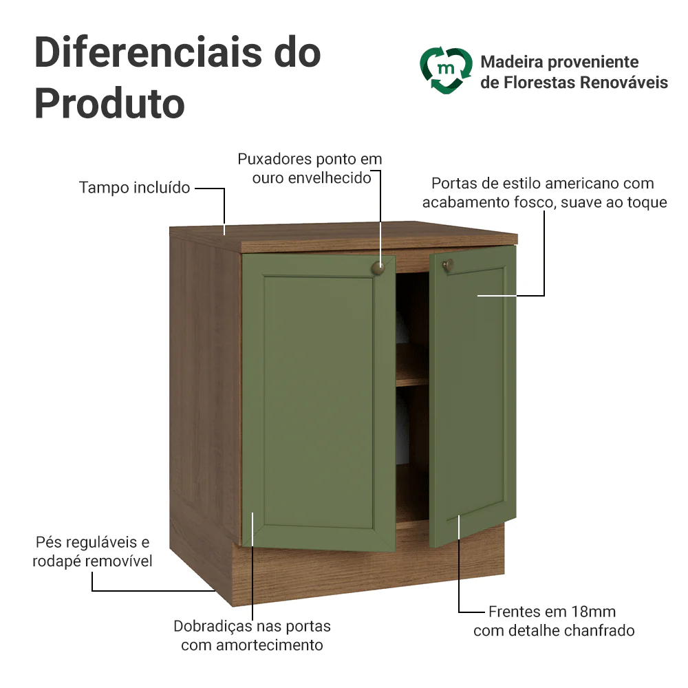 Balcão de Cozinha 70 cm 2 Portas Rustic/Verde Vik Madesa - Image 3