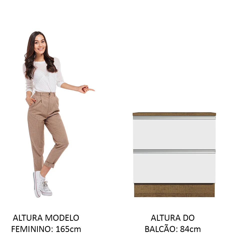 Balcão de Cozinha 80 x 60 cm 2 Gavetas (Com Tampo) Rustic/Branco Glamy Madesa - Image 4