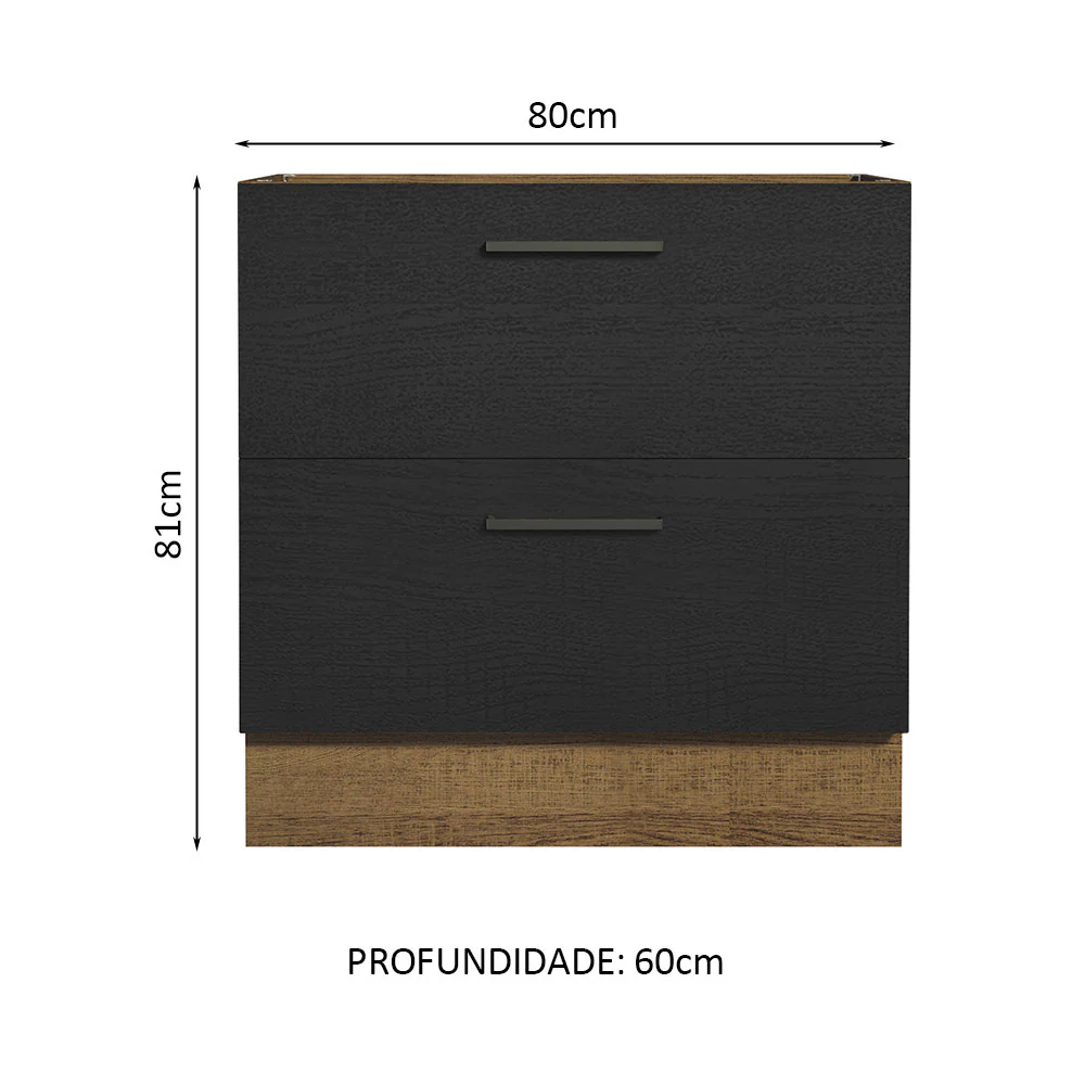 Balcão de Cozinha 80 x 60 cm 2 Gavetas (Sem Tampo) Rustic/Preto Agata Madesa - Image 2