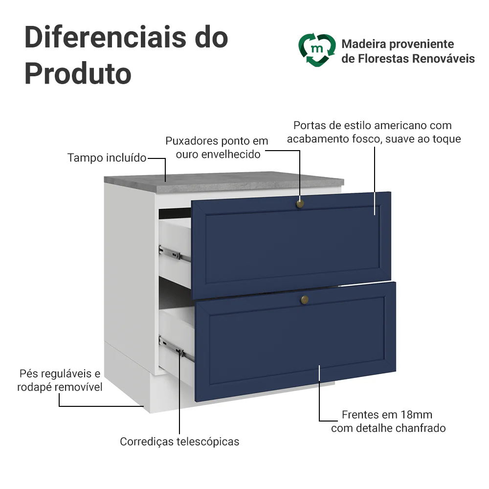 Balcão de Cozinha 80 x 60 cm 2 Gavetas (Com Tampo) Branco/Azul Vik Madesa - Image 3