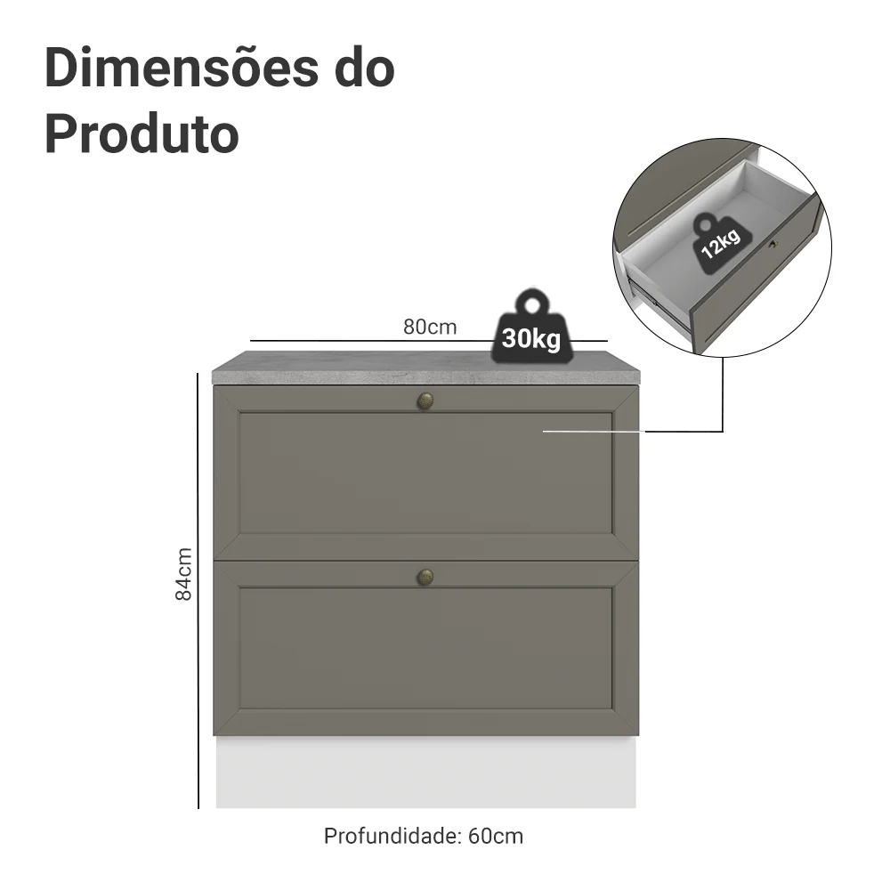 Balcão de Cozinha 80 x 60 cm 2 Gavetas (Com Tampo) Branco/Cinza Vik Madesa - Image 2