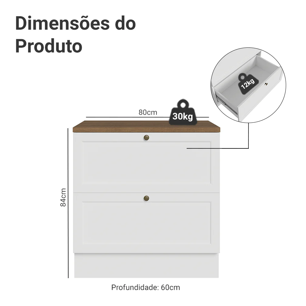 Balcão de Cozinha 80 x 60 cm 2 Gavetas (Com Tampo) Branco/Rustic Vik Madesa - Image 2