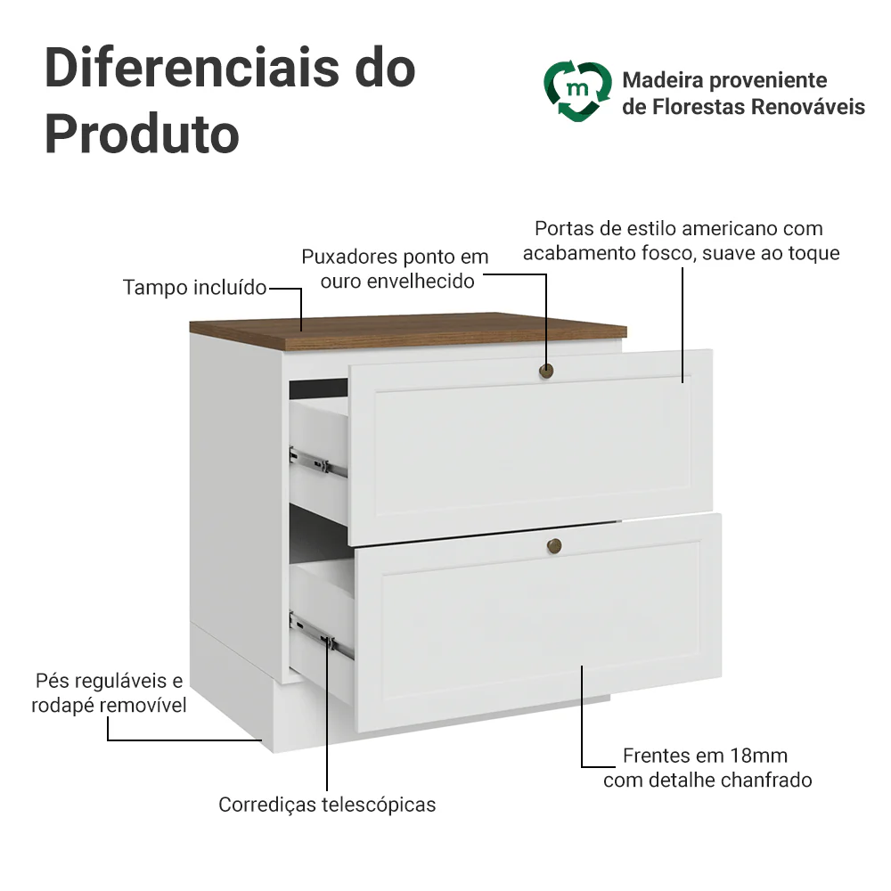 Balcão de Cozinha 80 x 60 cm 2 Gavetas (Com Tampo) Branco/Rustic Vik Madesa - Image 3
