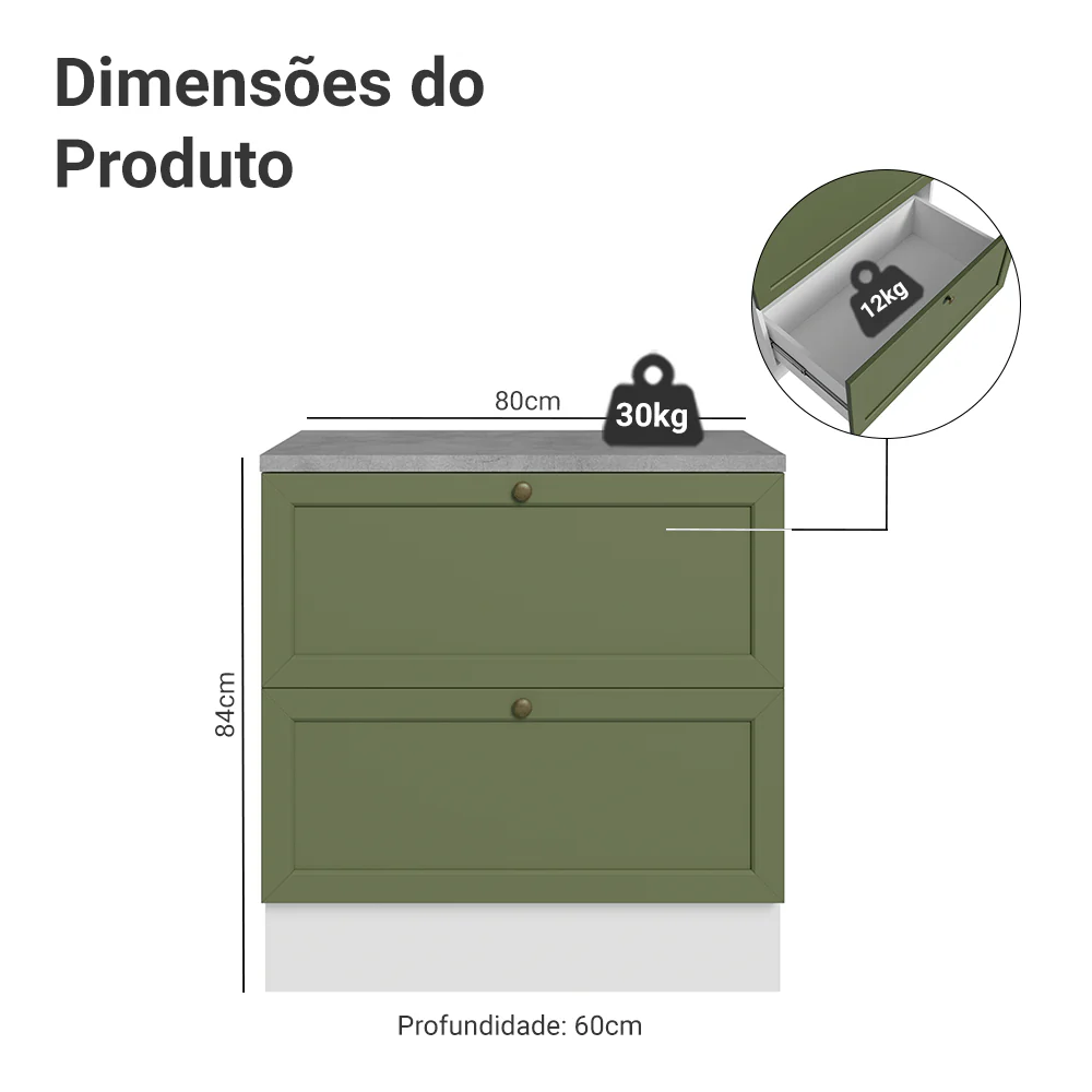Balcão de Cozinha 80 x 60 cm 2 Gavetas (Com Tampo) Branco/Verde Vik Madesa - Image 2