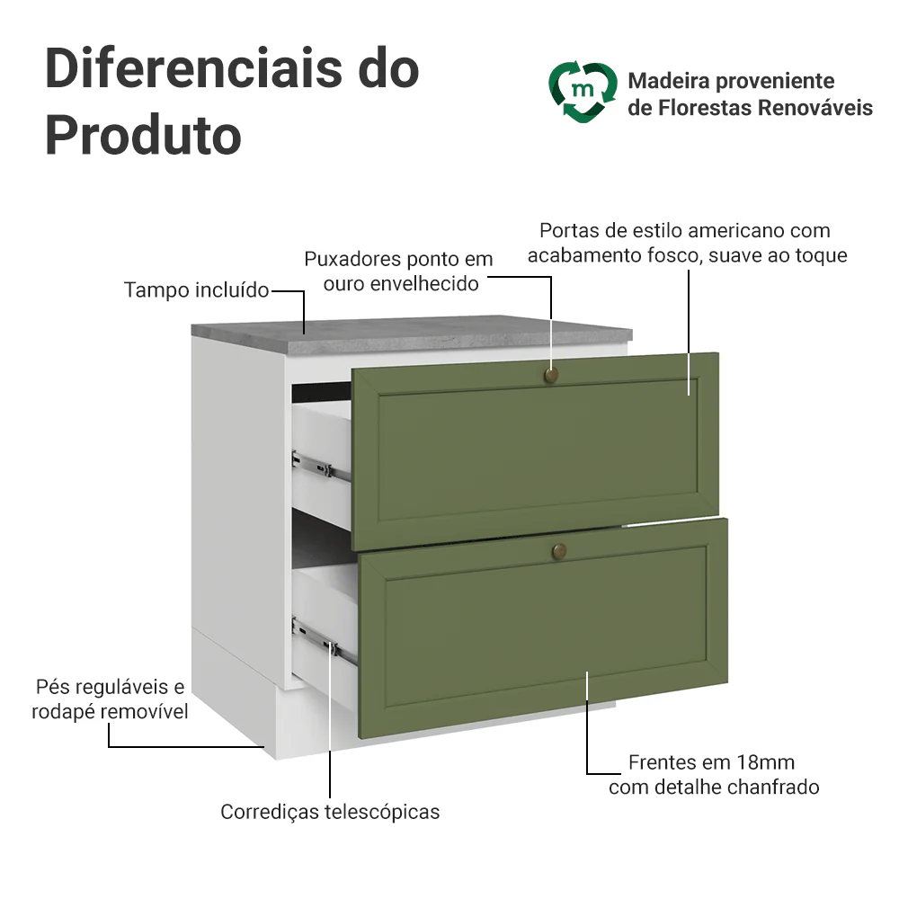 Balcão de Cozinha 80 x 60 cm 2 Gavetas (Com Tampo) Branco/Verde Vik Madesa - Image 3