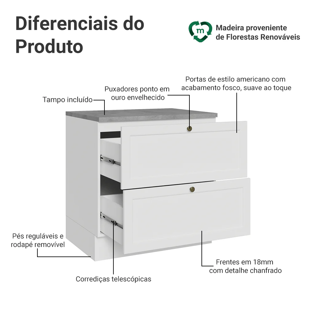 Balcão de Cozinha 80 x 60 cm 2 Gavetas (Com Tampo) Branco Vik Madesa - Image 3