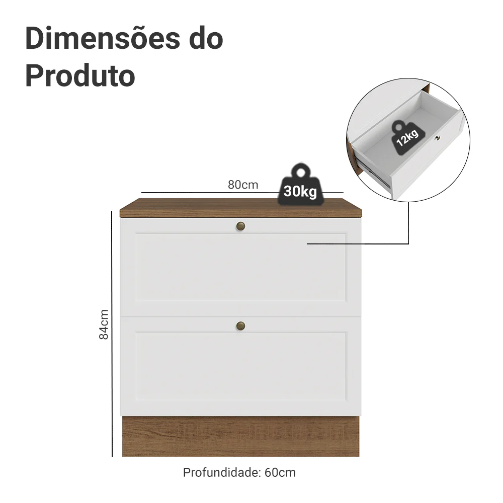 Balcão de Cozinha 80 x 60 cm 2 Gavetas (Com Tampo) Rustic/Branco Vik Madesa - Image 2