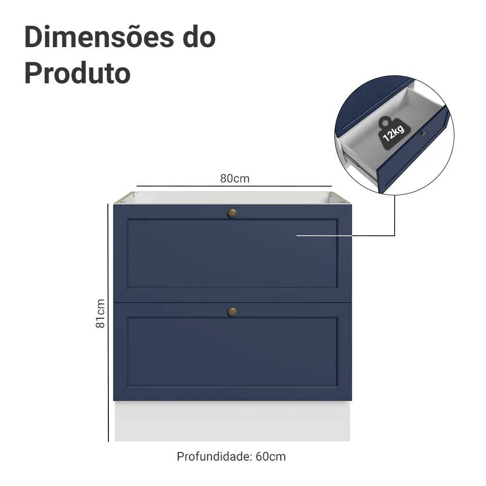 Balcão de Cozinha 80 x 60 cm 2 Gavetas (Sem Tampo) Branco/Azul Vik Madesa - Image 2