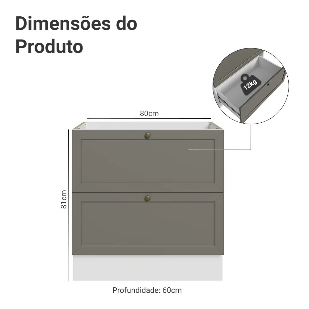 Balcão de Cozinha 80 x 60 cm 2 Gavetas (Sem Tampo) Branco/Cinza Vik Madesa - Image 2
