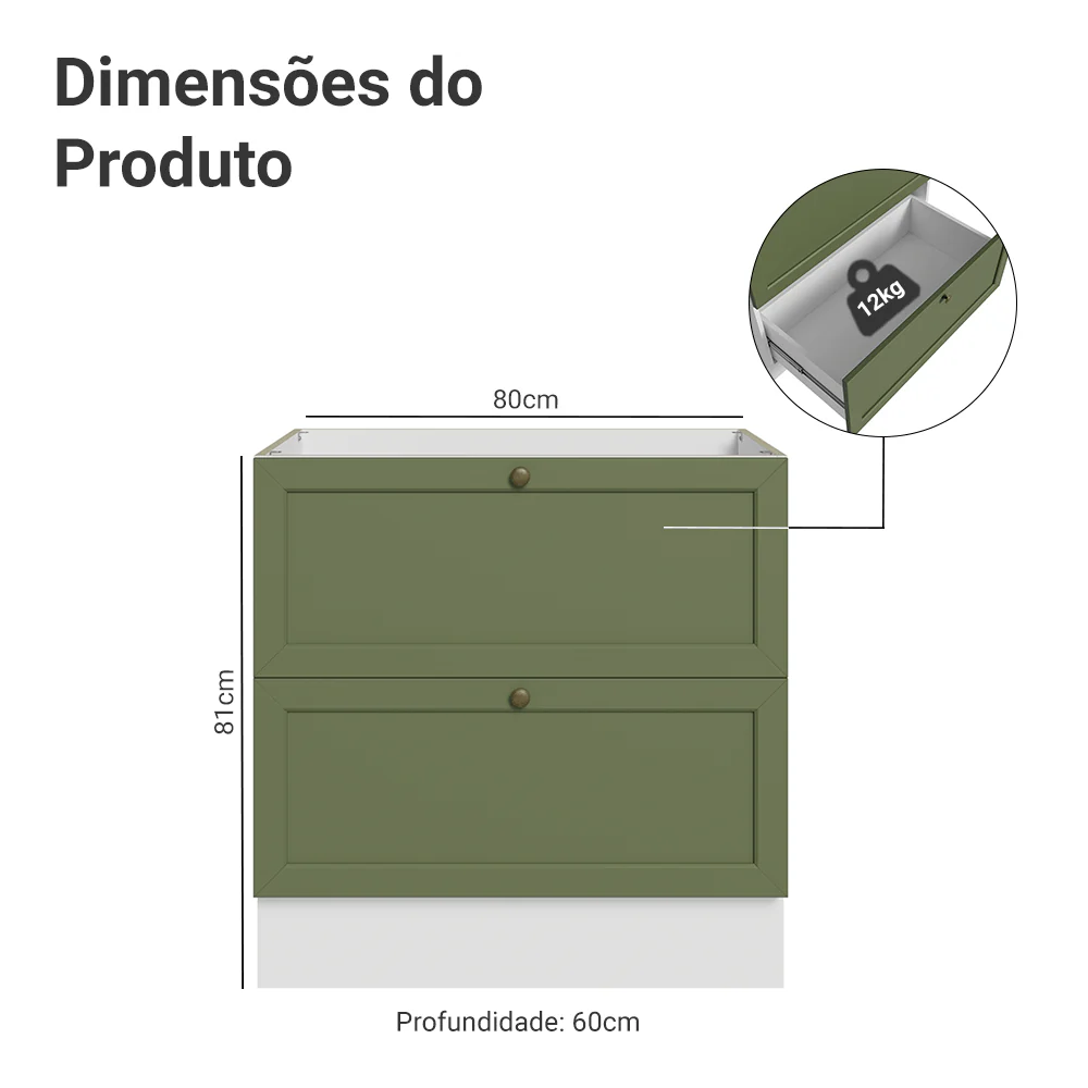 Balcão de Cozinha 80 x 60 cm 2 Gavetas (Sem Tampo) Branco/Verde Vik Madesa - Image 2