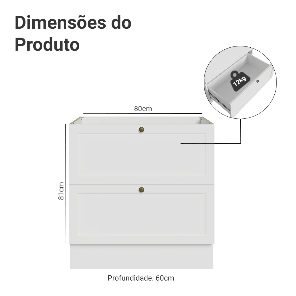 Balcão de Cozinha 80 x 60 cm 2 Gavetas (Sem Tampo) Branco Vik Madesa - Image 2
