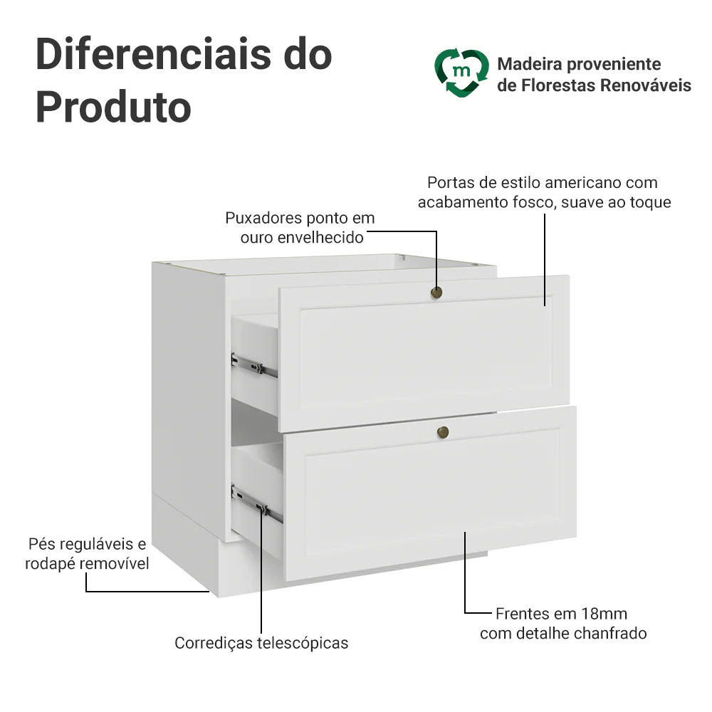 Balcão de Cozinha 80 x 60 cm 2 Gavetas (Sem Tampo) Branco Vik Madesa - Image 3