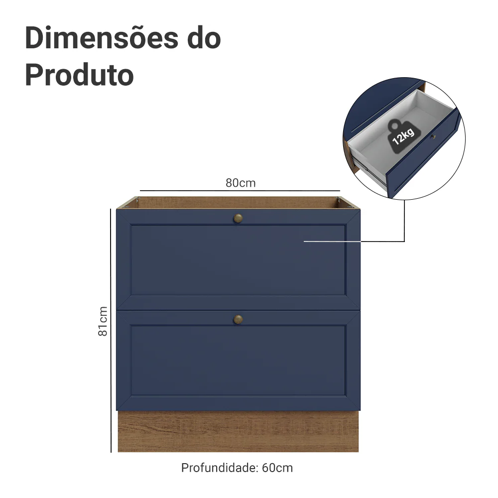 Balcão de Cozinha 80 x 60 cm 2 Gavetas (Sem Tampo) Rustic/Azul Vik Madesa - Image 2
