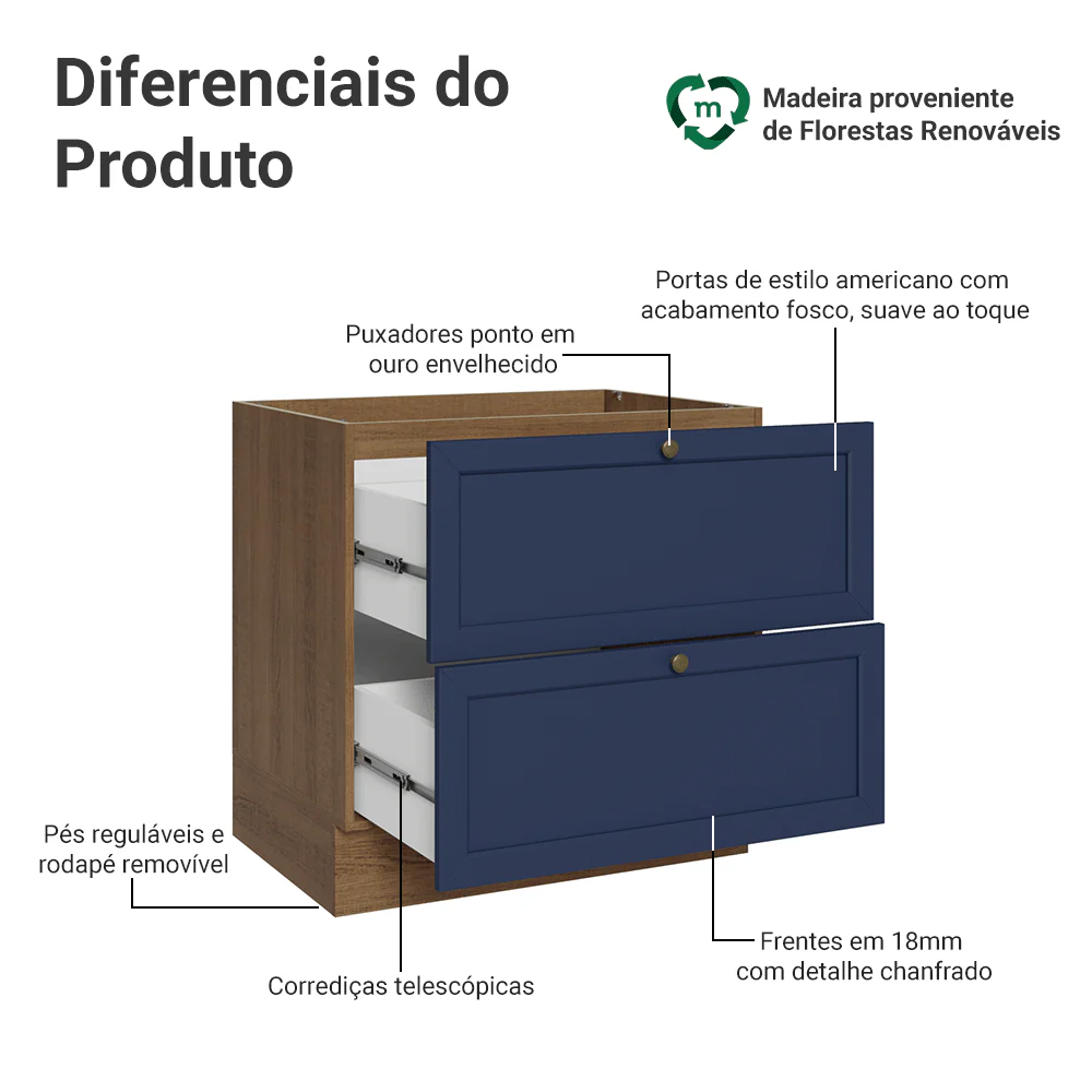 Balcão de Cozinha 80 x 60 cm 2 Gavetas (Sem Tampo) Rustic/Azul Vik Madesa - Image 3