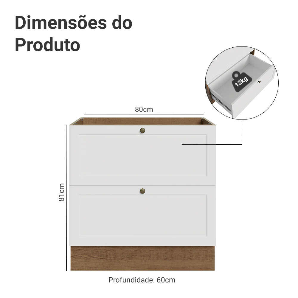 Balcão de Cozinha 80 x 60 cm 2 Gavetas (Sem Tampo) Rustic/Branco Vik Madesa - Image 2