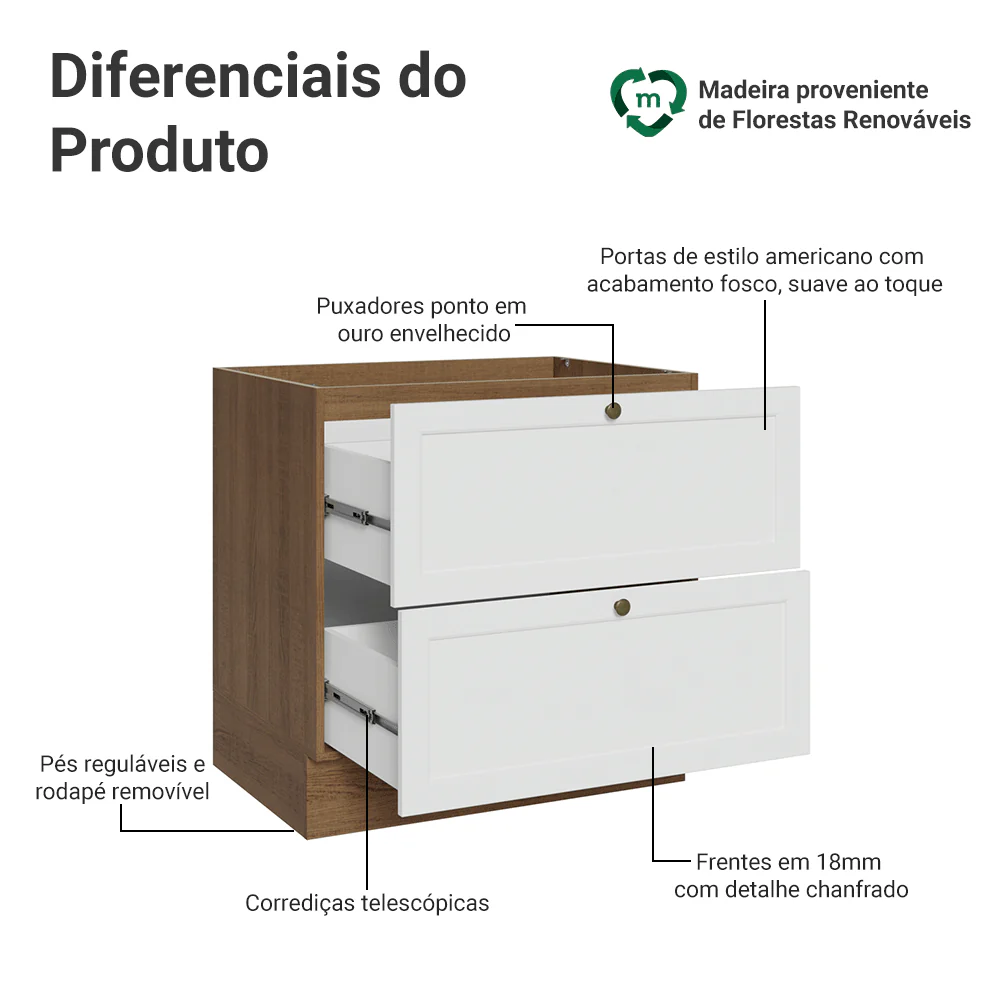 Balcão de Cozinha 80 x 60 cm 2 Gavetas (Sem Tampo) Rustic/Branco Vik Madesa - Image 3