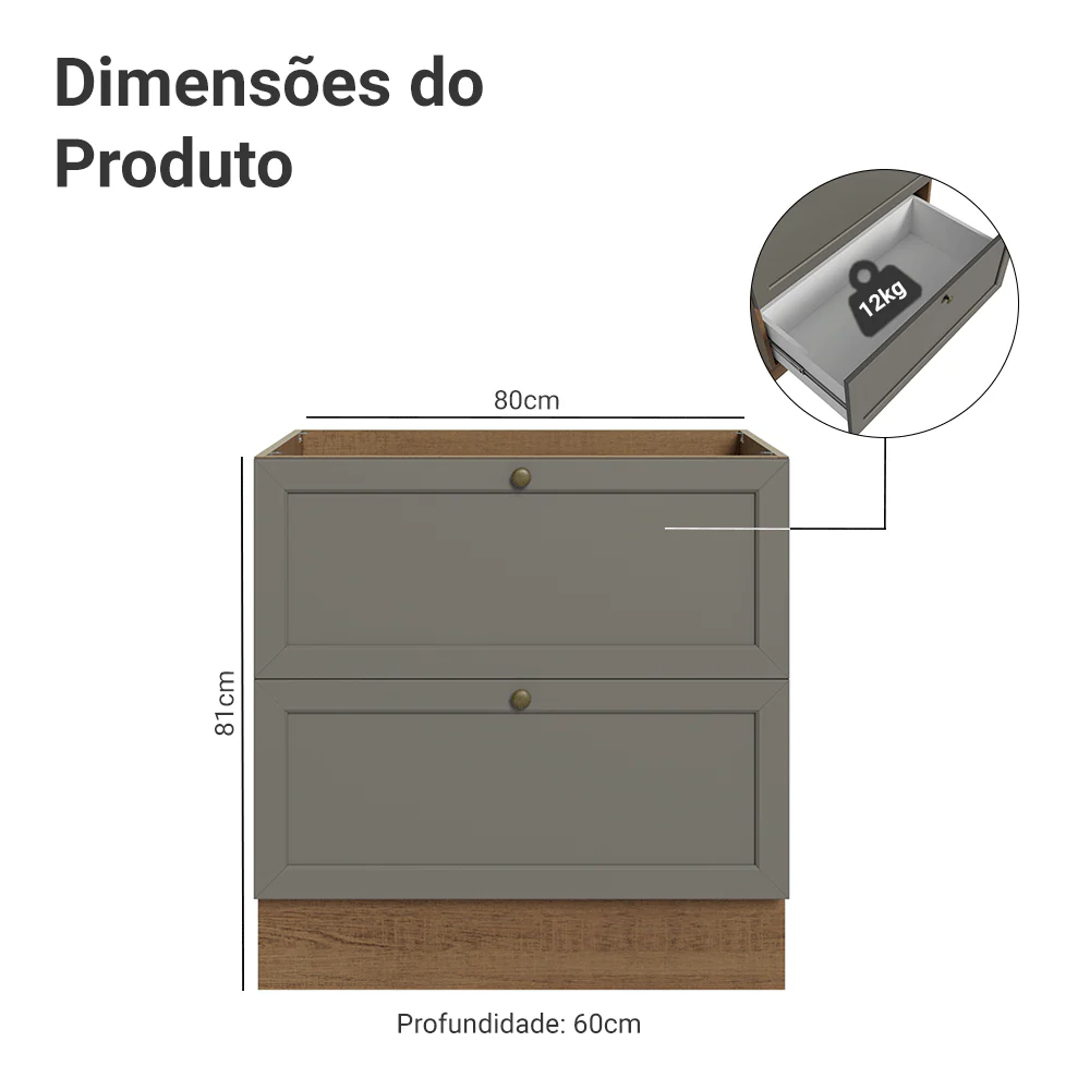 Balcão de Cozinha 80 x 60 cm 2 Gavetas (Sem Tampo) Rustic/Cinza Vik Madesa - Image 2