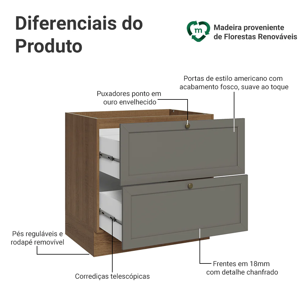 Balcão de Cozinha 80 x 60 cm 2 Gavetas (Sem Tampo) Rustic/Cinza Vik Madesa - Image 3