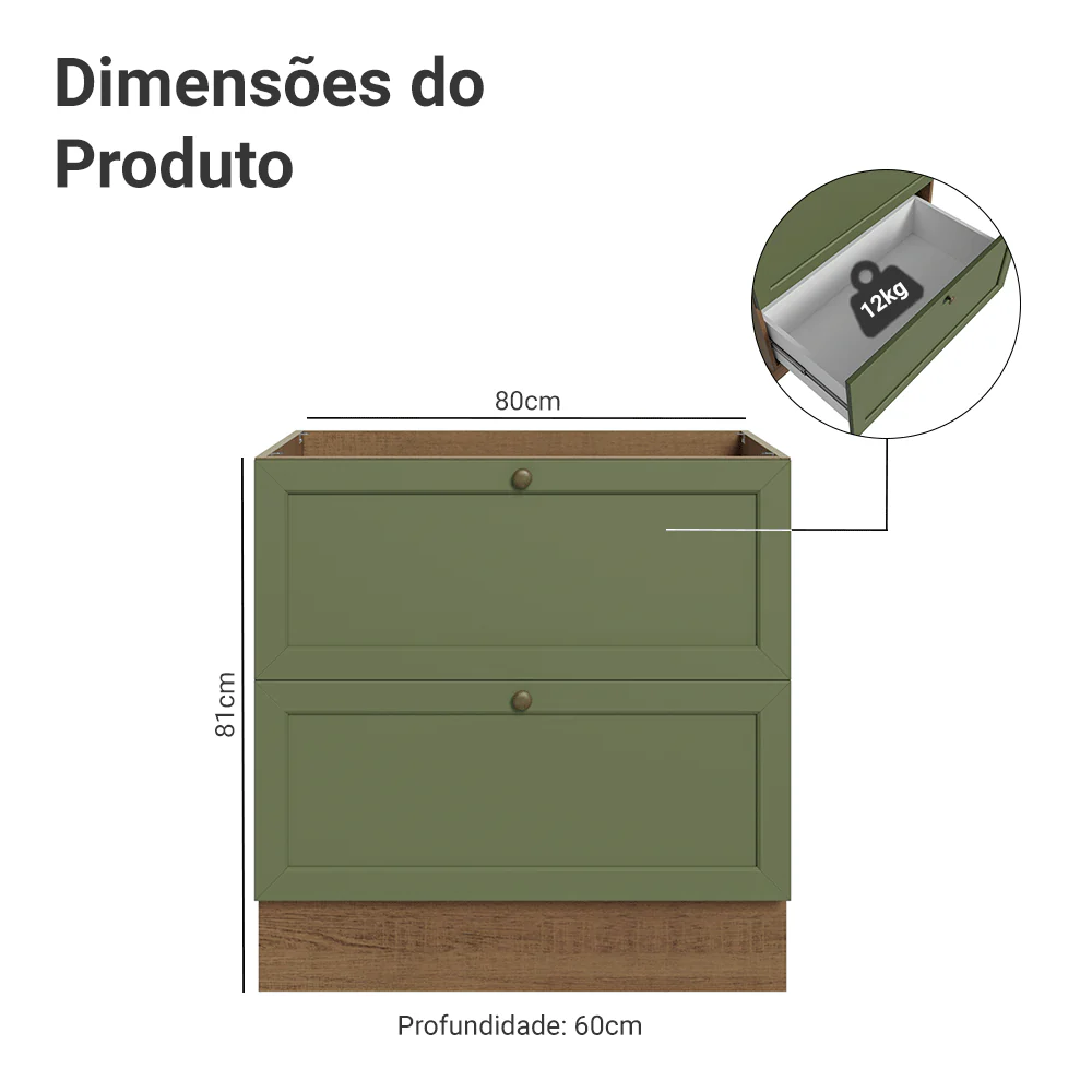 Balcão de Cozinha 80 x 60 cm 2 Gavetas (Sem Tampo) Rustic/Verde Vik Madesa - Image 2