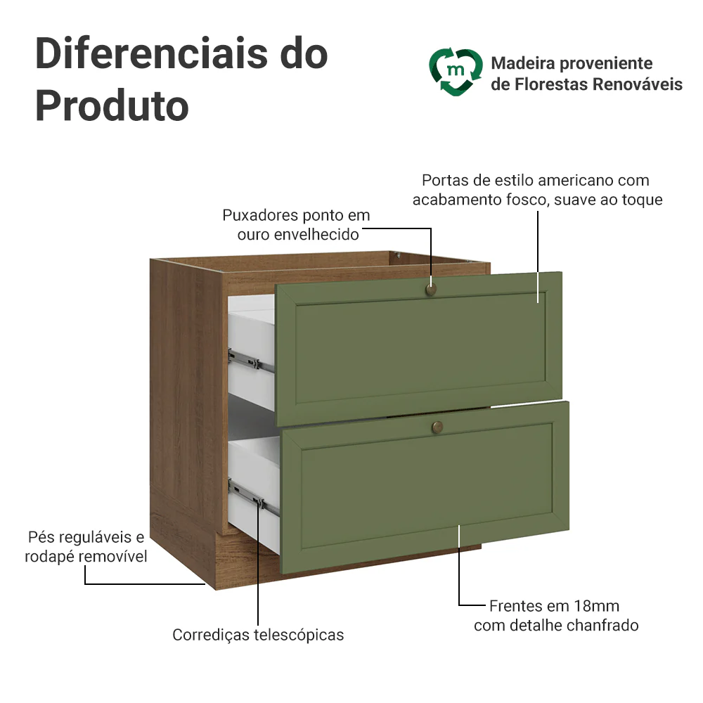 Balcão de Cozinha 80 x 60 cm 2 Gavetas (Sem Tampo) Rustic/Verde Vik Madesa - Image 3
