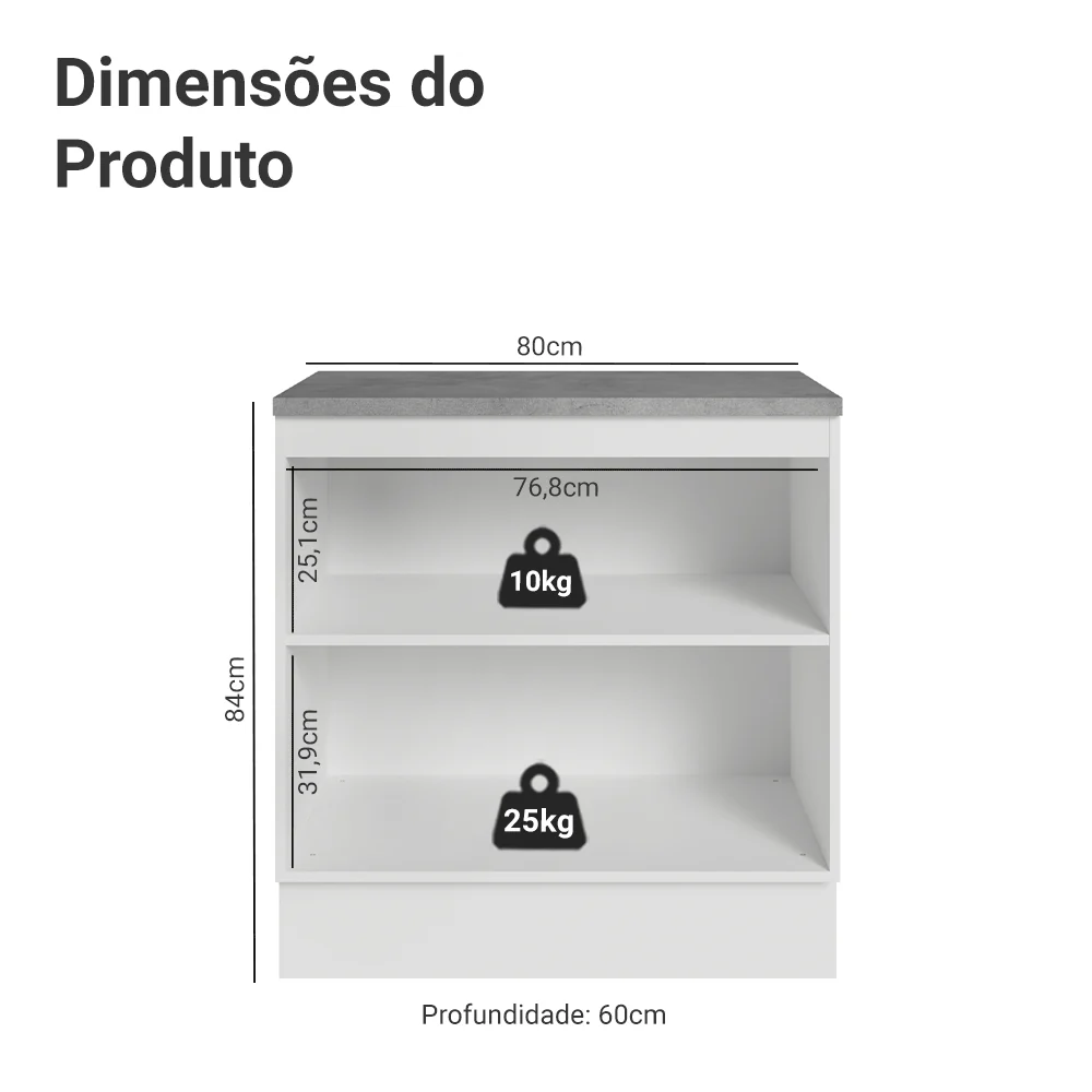 Balcão de Cozinha 80 x 60 cm 2 Portas (Com Tampo) Branco/Cinza Vik Madesa - Image 2