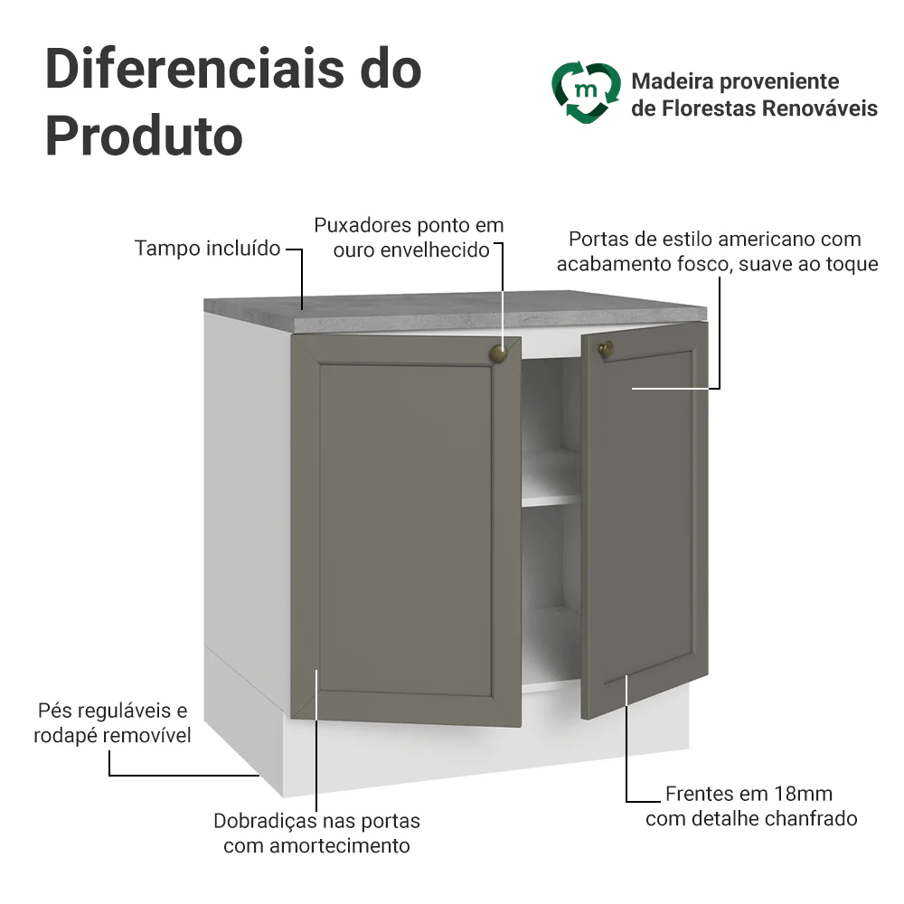Balcão de Cozinha 80 x 60 cm 2 Portas (Com Tampo) Branco/Cinza Vik Madesa - Image 3