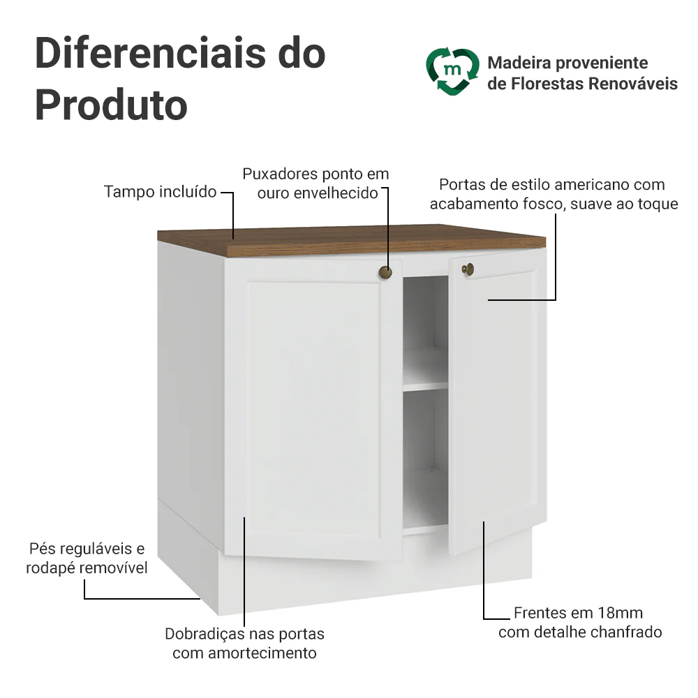 Balcão de Cozinha 80 x 60 cm 2 Portas (Com Tampo) Branco/Rustic Vik Madesa - Image 3