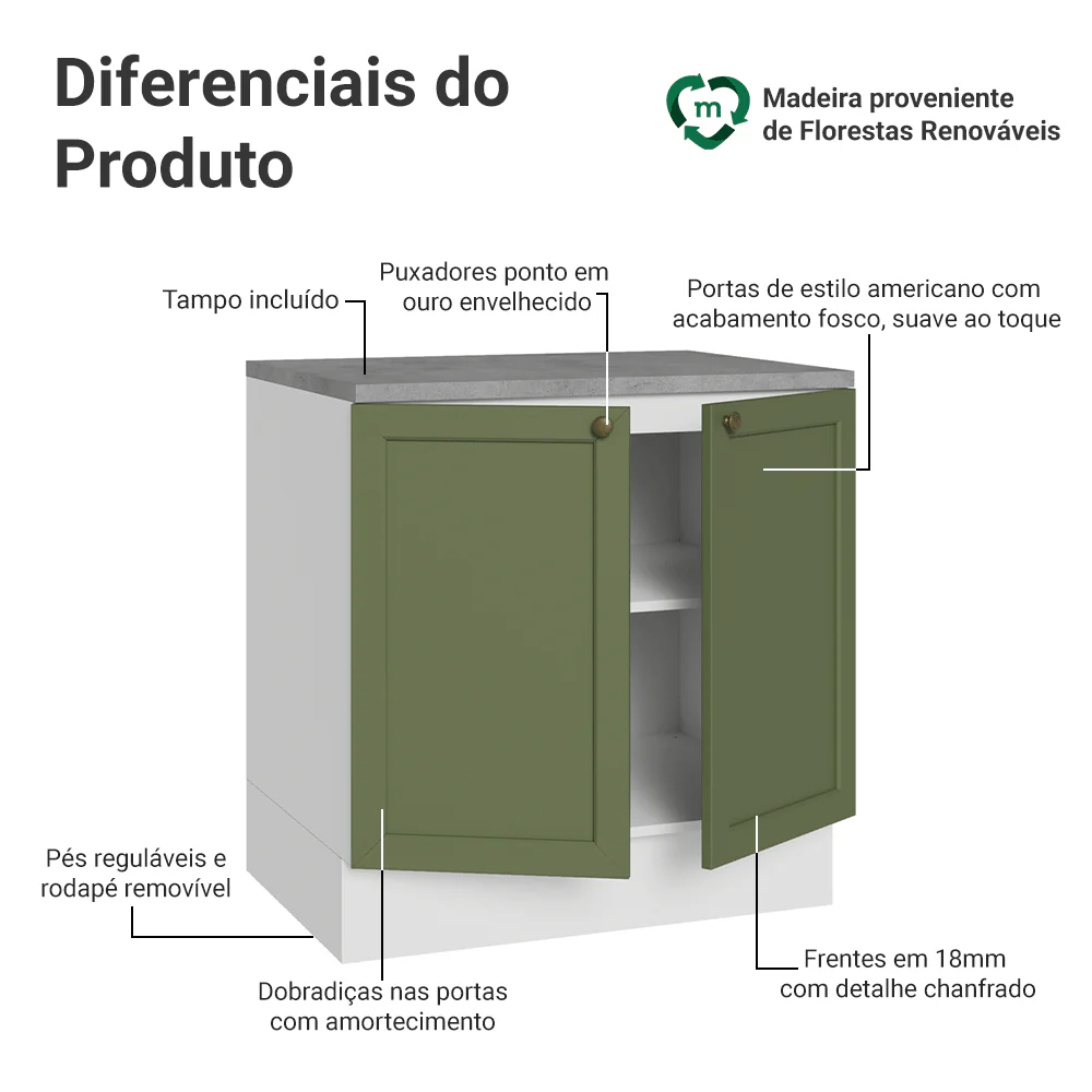 Balcão de Cozinha 80 x 60 cm 2 Portas (Com Tampo) Branco/Verde Vik Madesa - Image 3