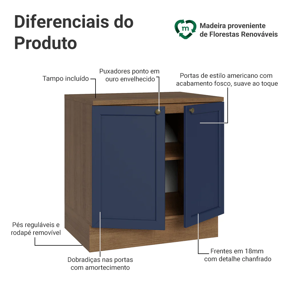 Balcão de Cozinha 80 x 60 cm 2 Portas (Com Tampo) Rustic/Azul Vik Madesa - Image 3