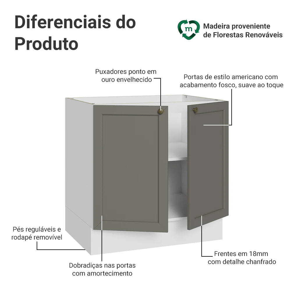 Balcão de Cozinha 80 x 60 cm 2 Portas (Sem Tampo) Branco/Cinza Vik Madesa - Image 3