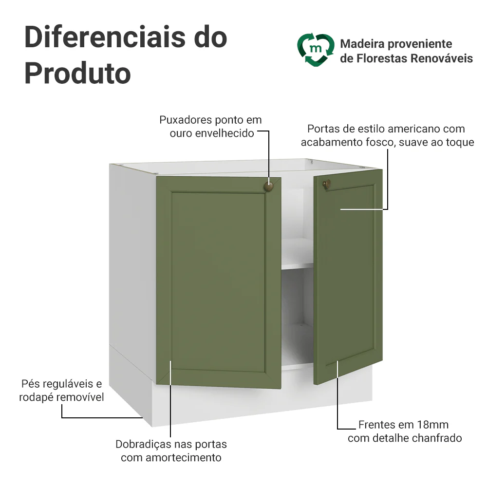 Balcão de Cozinha 80 x 60 cm 2 Portas (Sem Tampo) Branco/Verde Vik Madesa - Image 3