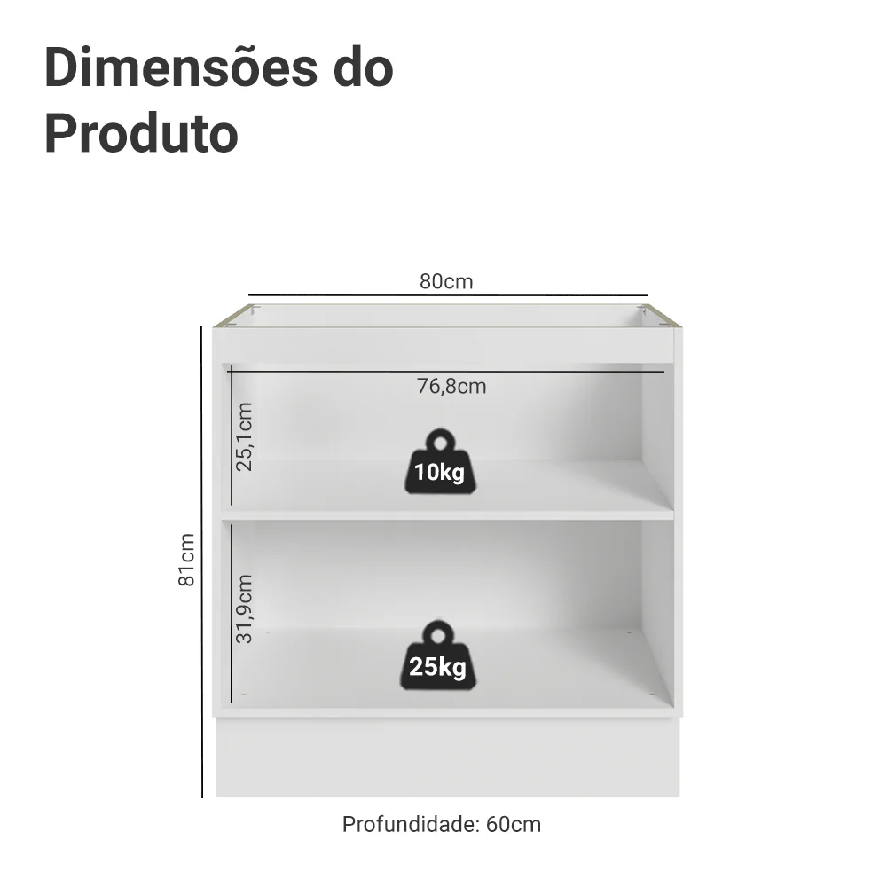 Balcão de Cozinha 80 x 60 cm 2 Portas (Sem Tampo) Branco Vik Madesa - Image 2