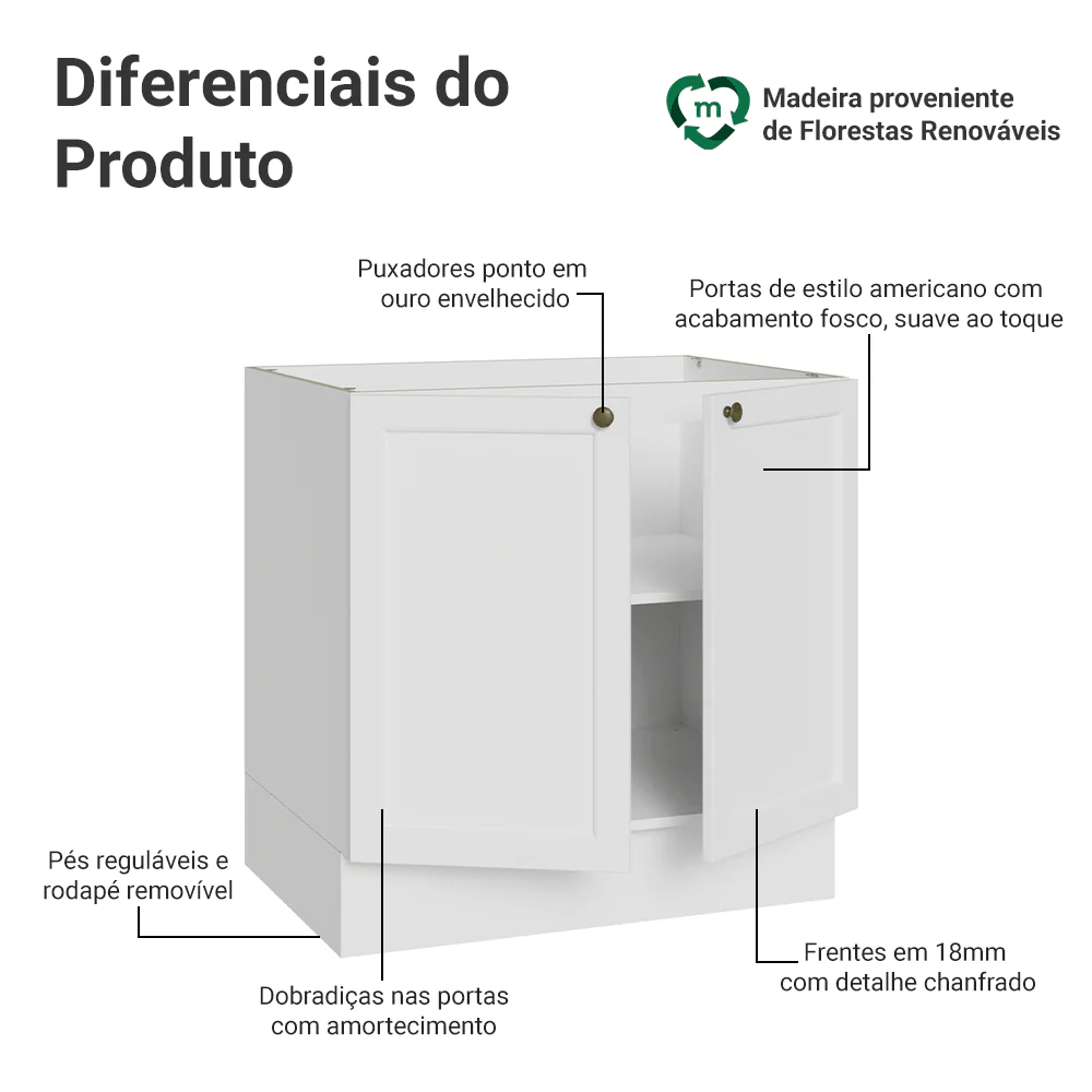Balcão de Cozinha 80 x 60 cm 2 Portas (Sem Tampo) Branco Vik Madesa - Image 3