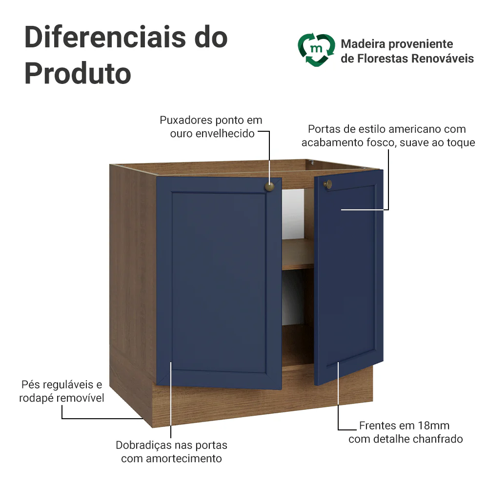 Balcão de Cozinha 80 x 60 cm 2 Portas (Sem Tampo) Rustic/Azul Vik Madesa - Image 3