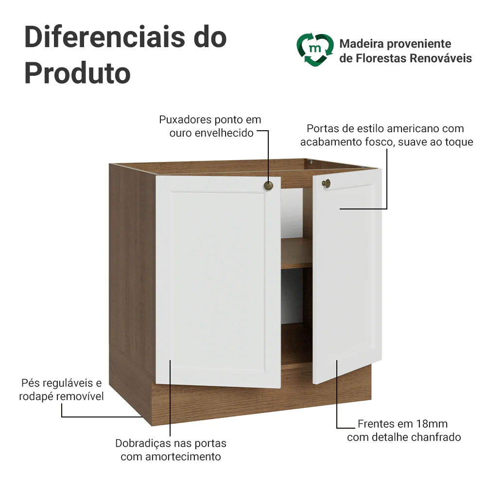 Balcão de Cozinha 80 x 60 cm 2 Portas (Sem Tampo) Rustic/Branco Vik Madesa - Image 3
