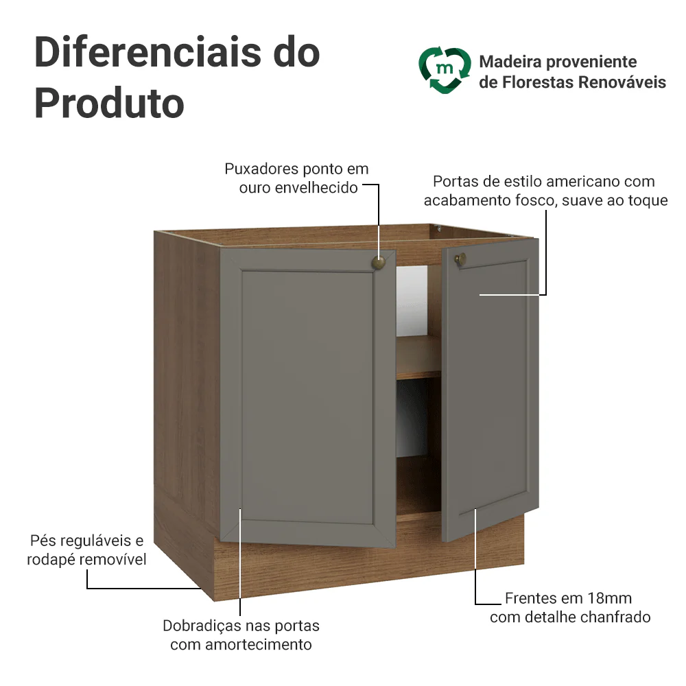 Balcão de Cozinha 80 x 60 cm 2 Portas (Sem Tampo) Rustic/Cinza Vik Madesa - Image 3