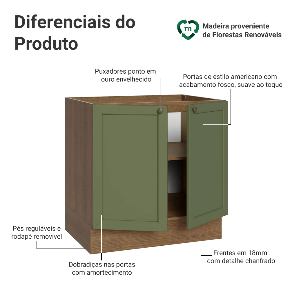 Balcão de Cozinha 80 x 60 cm 2 Portas (Sem Tampo) Rustic/Verde Vik Madesa - Image 3