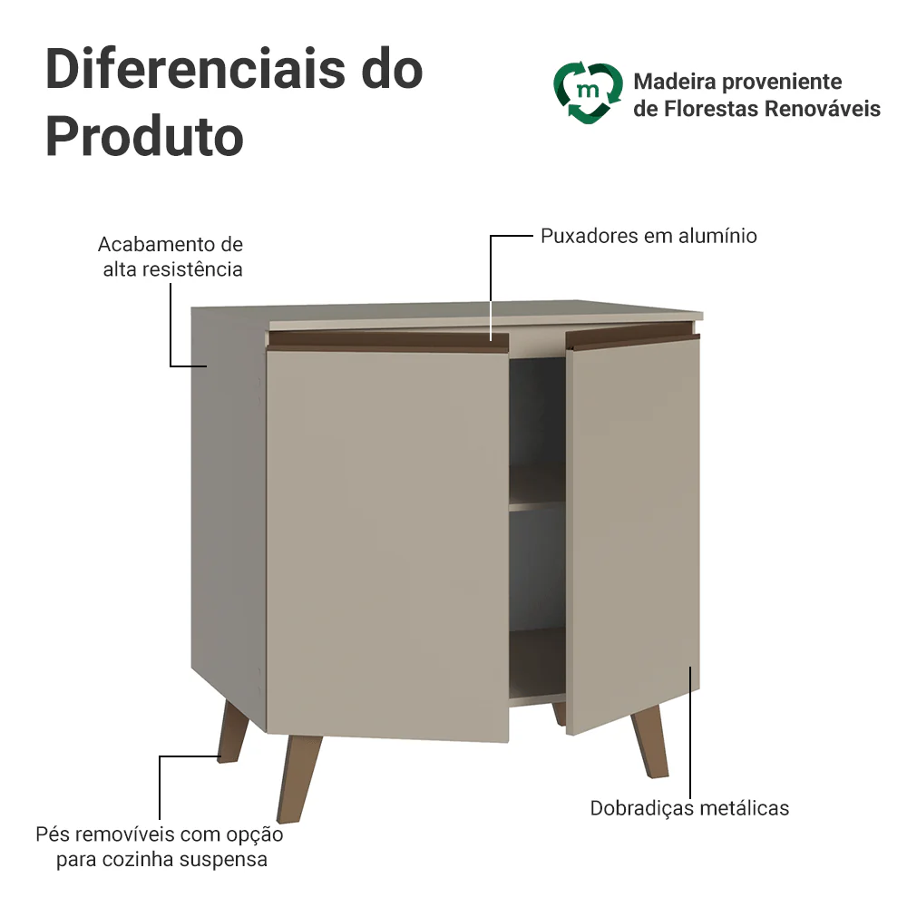 Balcão de Cozinha 80 cm 2 Portas Com Pés Crema Nice Madesa - Image 3