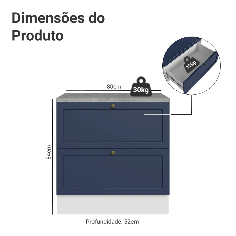Balcão de Cozinha 80 cm 2 Gavetas Branco/Azul Vik Madesa - Image 2