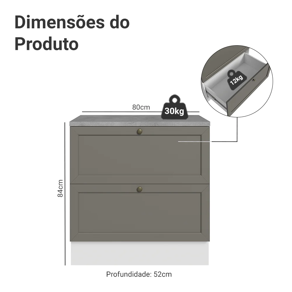 Balcão de Cozinha 80 cm 2 Gavetas Branco/Cinza Vik Madesa - Image 2