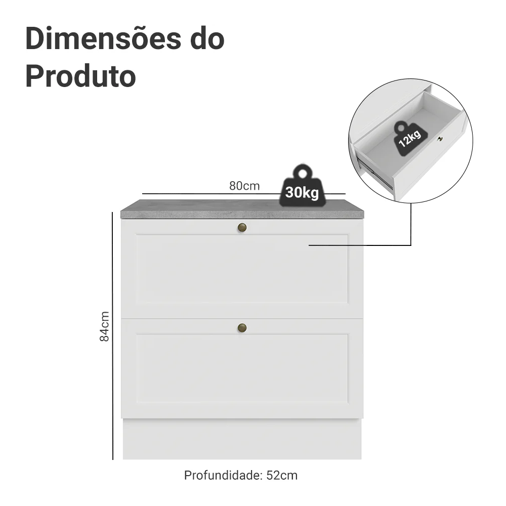Balcão de Cozinha 80 cm 2 Gavetas Branco Vik Madesa - Image 2