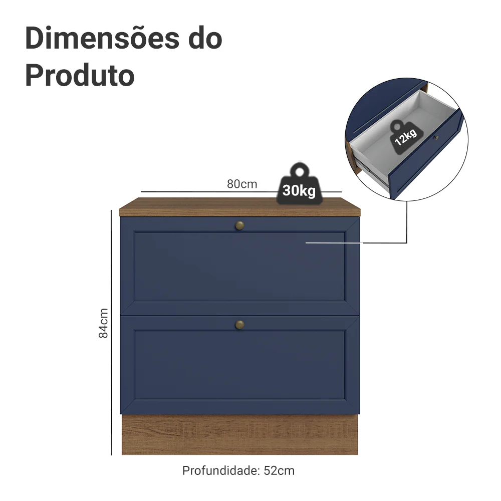 Balcão de Cozinha 80 cm 2 Gavetas Rustic/Azul Vik Madesa - Image 2