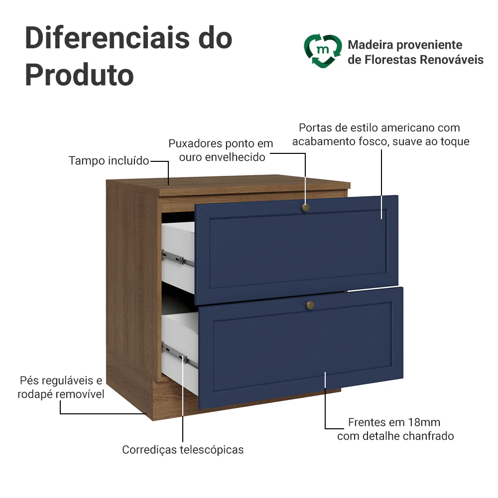 Balcão de Cozinha 80 cm 2 Gavetas Rustic/Azul Vik Madesa - Image 3