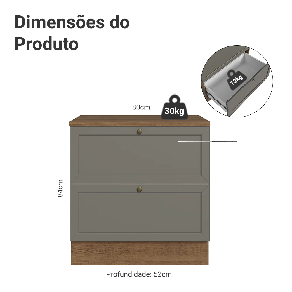 Balcão de Cozinha 80 cm 2 Gavetas Rustic/Cinza Vik Madesa - Image 2