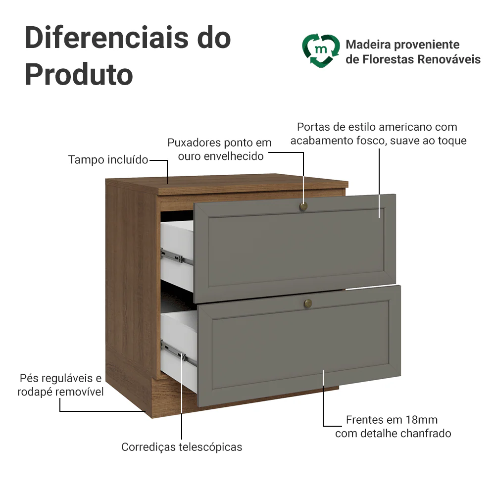 Balcão de Cozinha 80 cm 2 Gavetas Rustic/Cinza Vik Madesa - Image 3