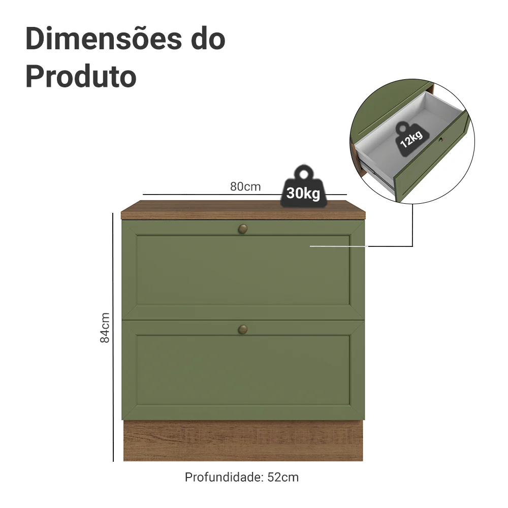 Balcão de Cozinha 80 cm 2 Gavetas Rustic/Verde Vik Madesa - Image 2