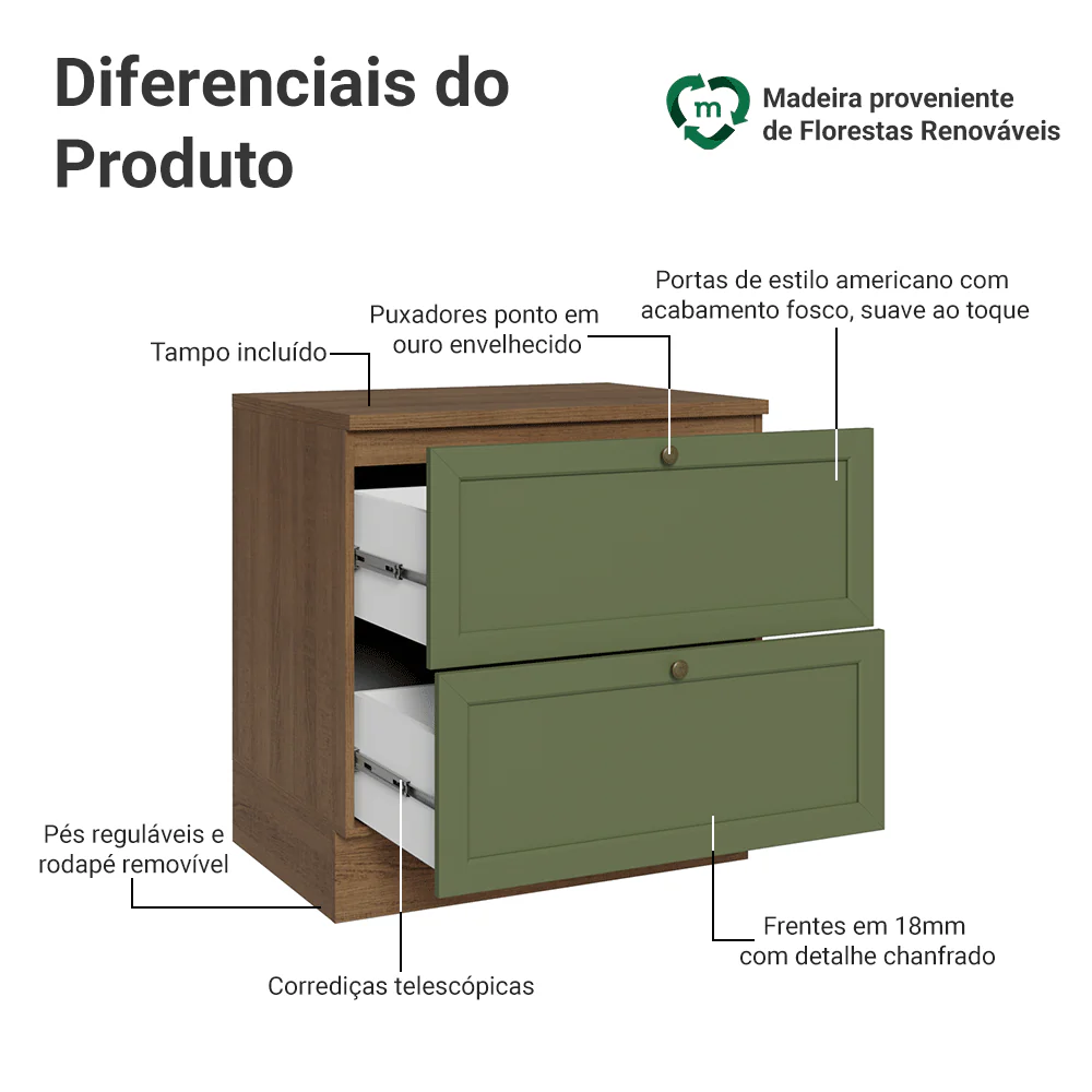 Balcão de Cozinha 80 cm 2 Gavetas Rustic/Verde Vik Madesa - Image 3