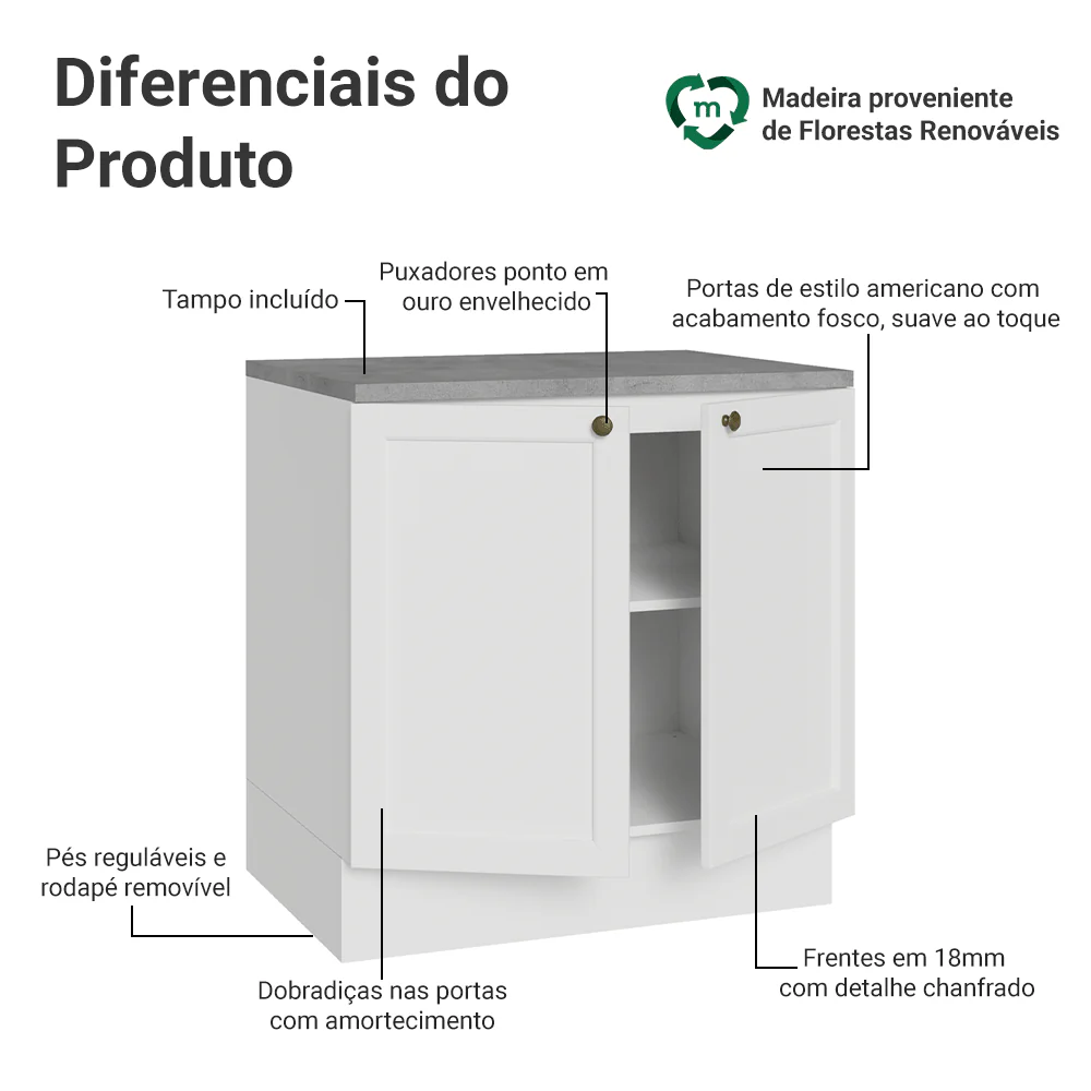 Balcão de Cozinha 80 cm 2 Portas Branco Vik Madesa - Image 3