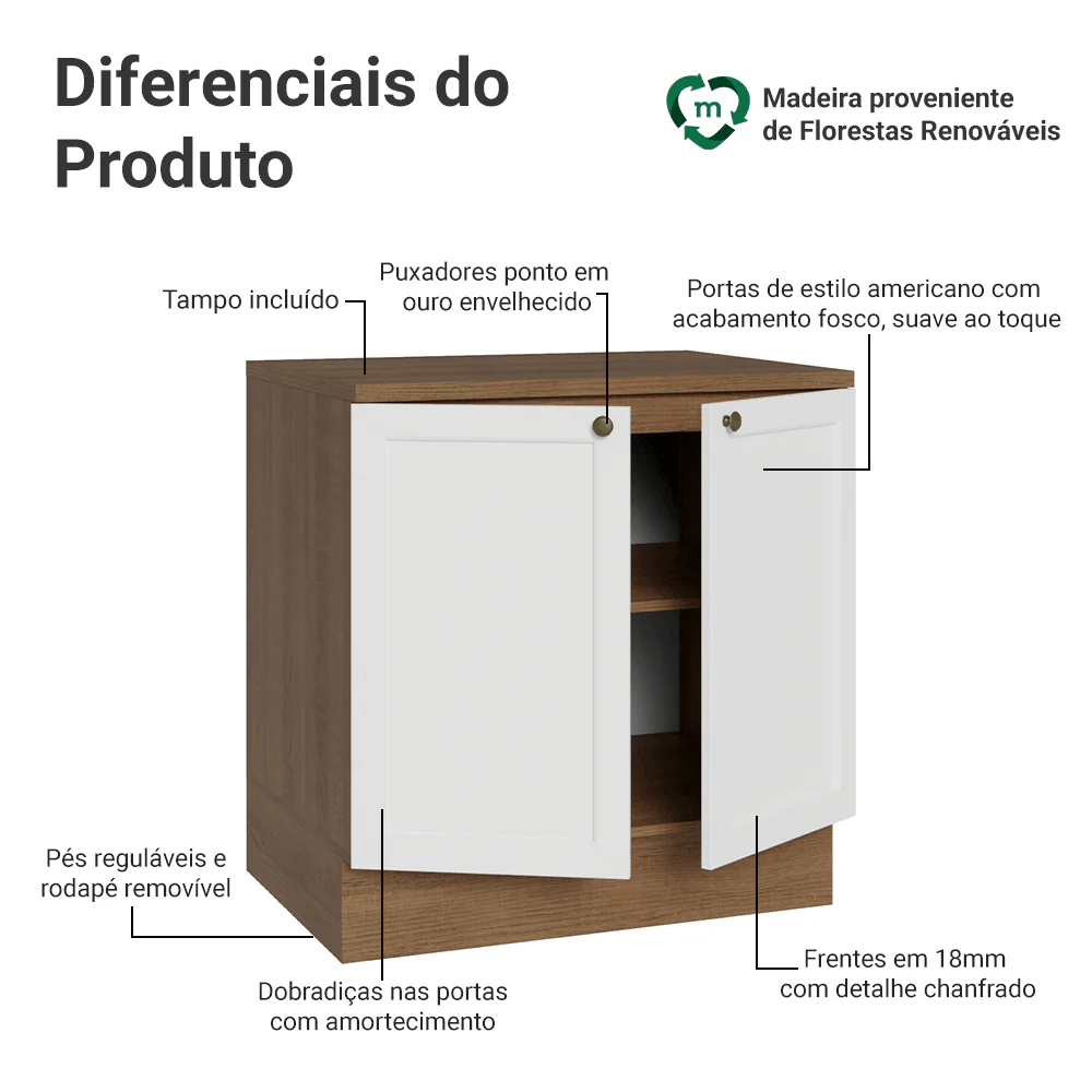 Balcão de Cozinha 80 cm 2 Portas Rustic/Branco Vik Madesa - Image 3